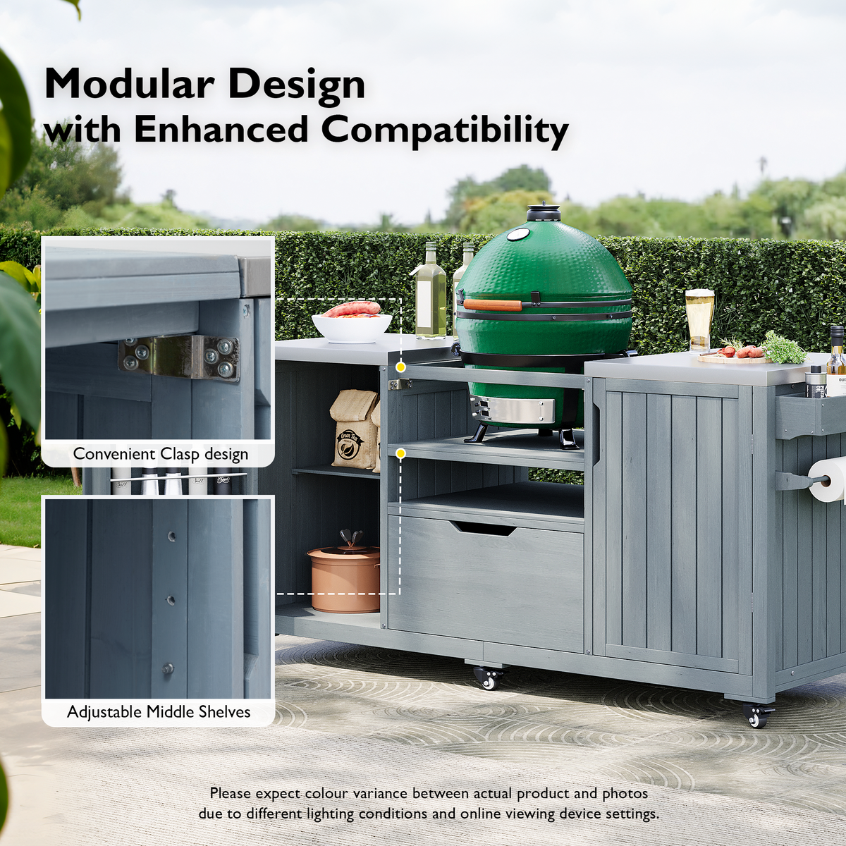 K&K 66.5' Outdoor Kitchen Island for Big Green Egg Grills, Solid Wood Outdoor Grill Cart for Tabletop Grill with Stainless Steel Top, Drawer, Compatible with Large Big Green Egg, Kamado Joe- Grey Blue