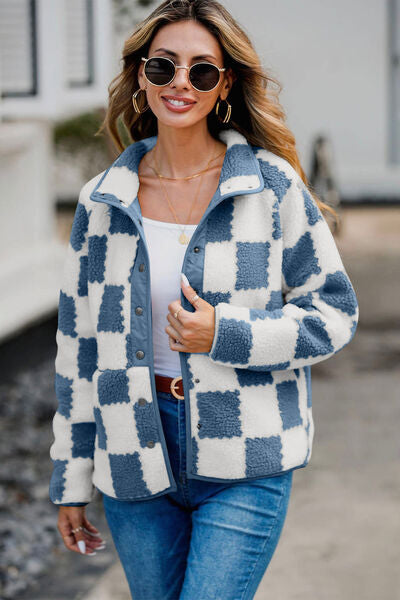 Elegant Checkered Snap Down Long Sleeve Teddy Jacket Soft & Warm Colorful Jacket