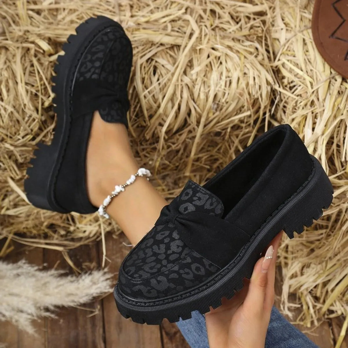 Bow Leopard Round Toe Loafers