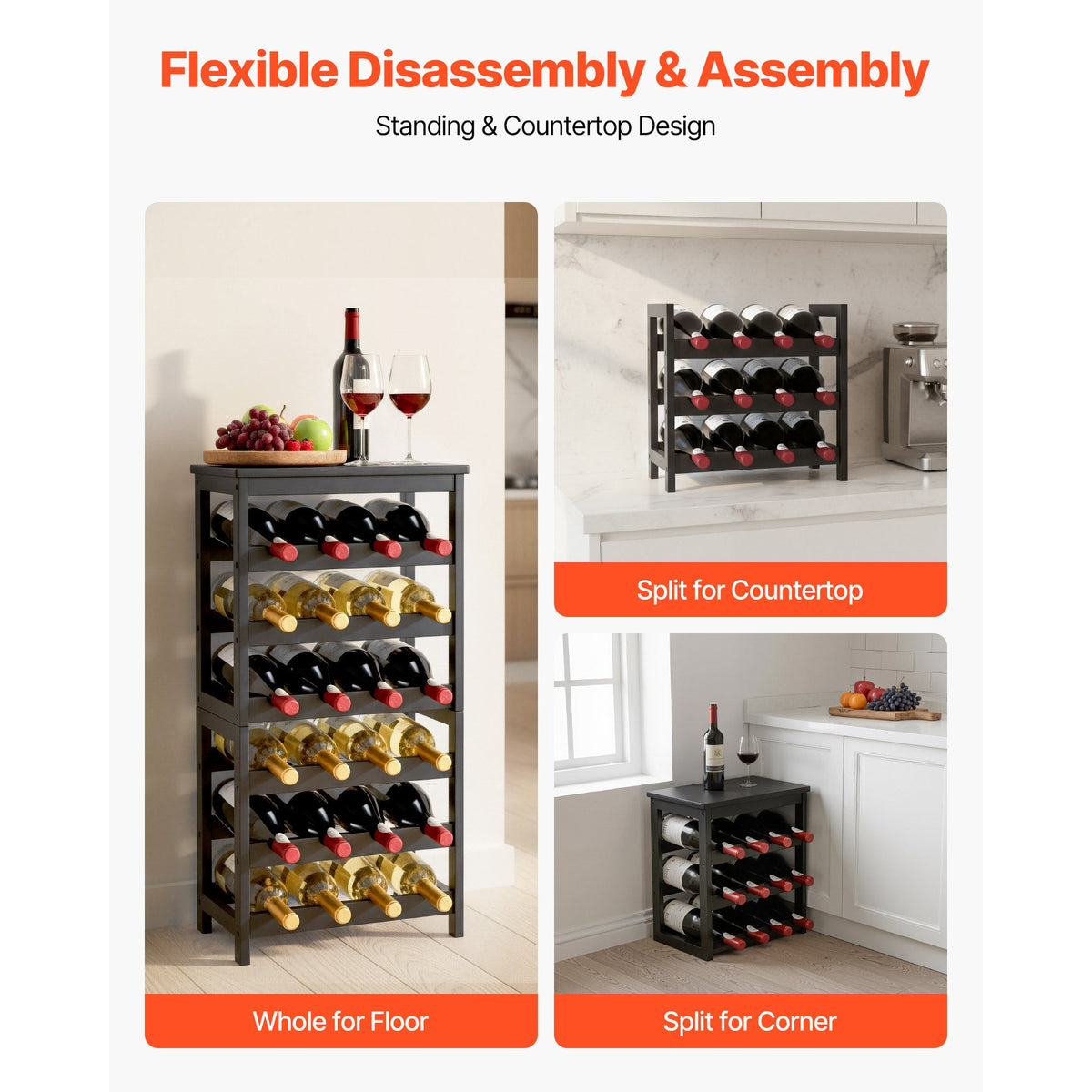 24 Bottle Detachable Wine Rack, 6-Tier Wine Bottle Holder, Freestanding Floor Display Wine Storage Shelves with Table Top, For Kitchen,Cellar,Bar,Dining Room,Living Room, Black