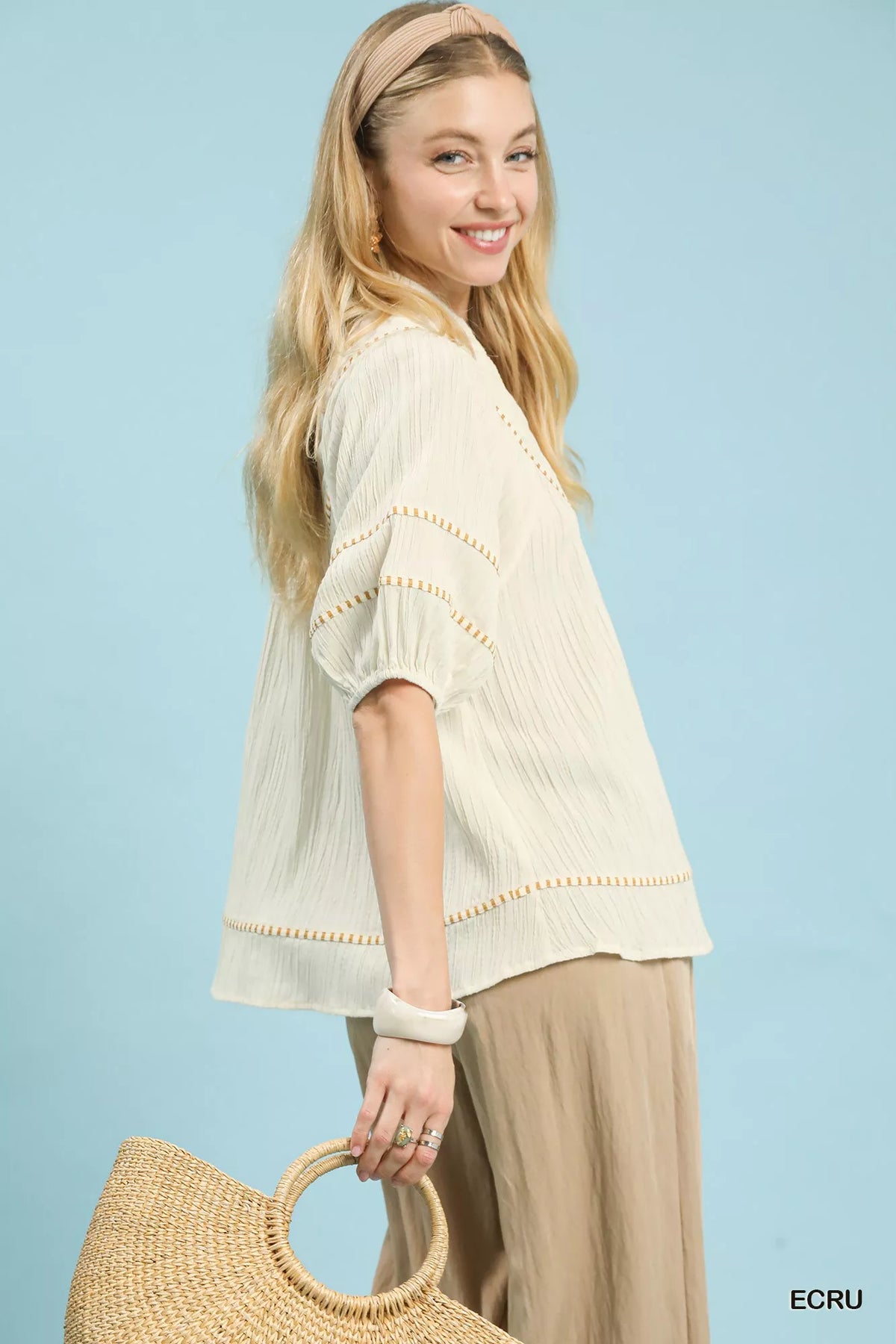 Umgee Textured Short Sleeve Top with Contrast Trim