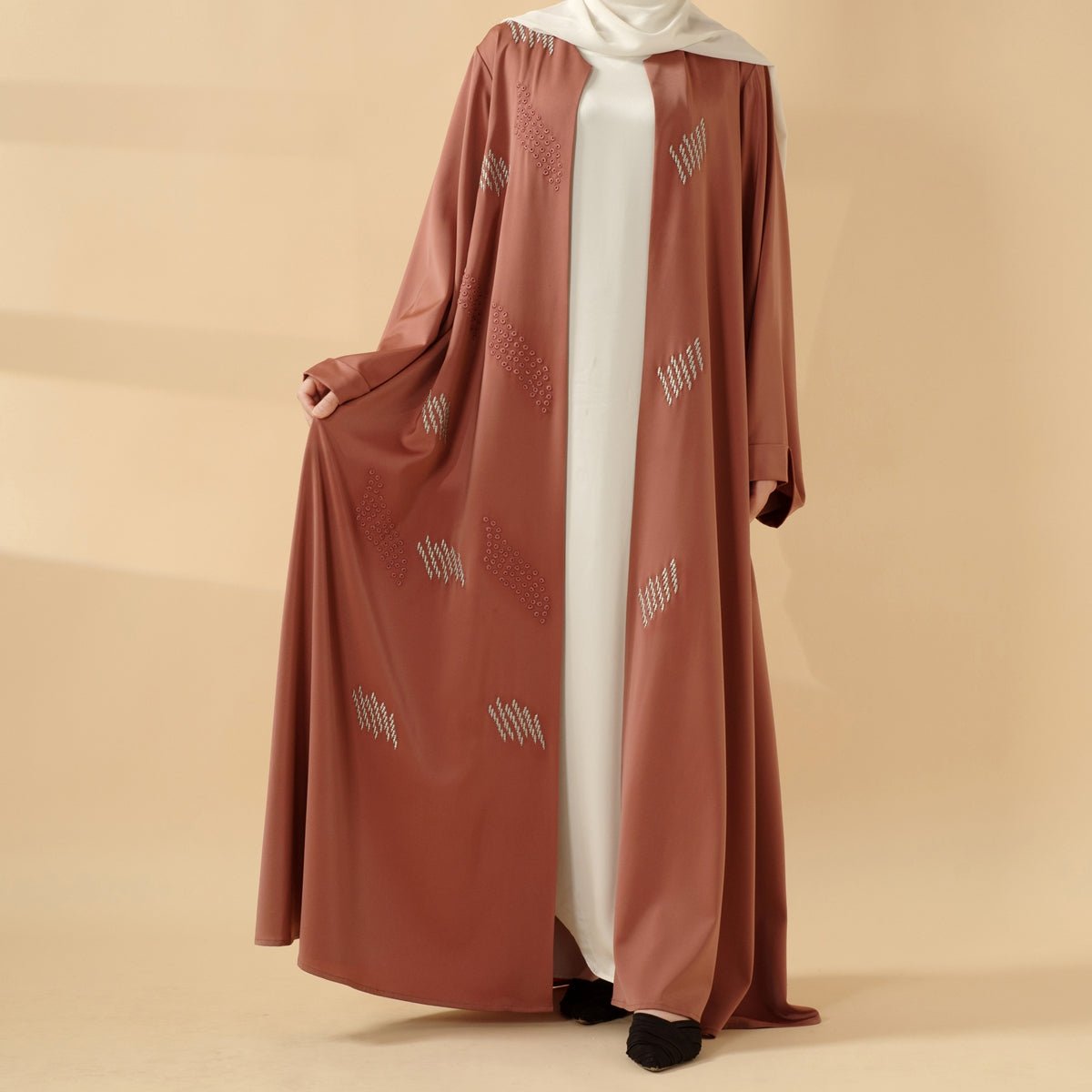 3D Embroidery Abaya With Geometric Beads. 3D Embroidered Open Abaya (MOA085)