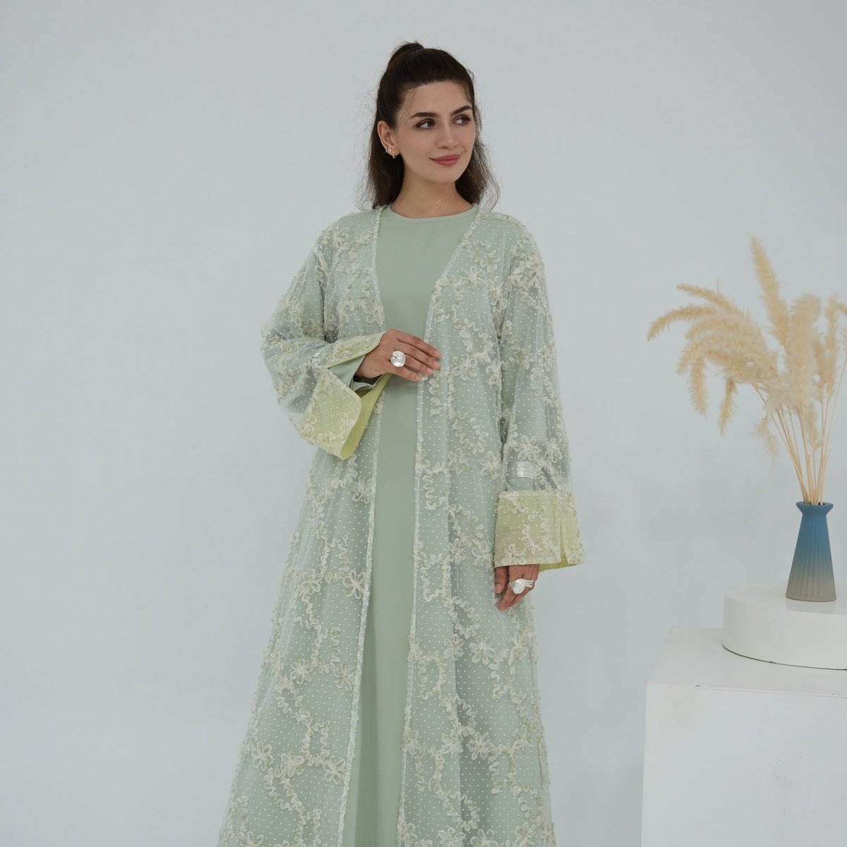 3D Floral Mesh Open Abaya (MOA288)