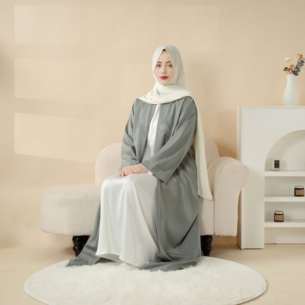 3D Embroidery Abaya With Geometric Beads. 3D Embroidered Open Abaya (MOA085)