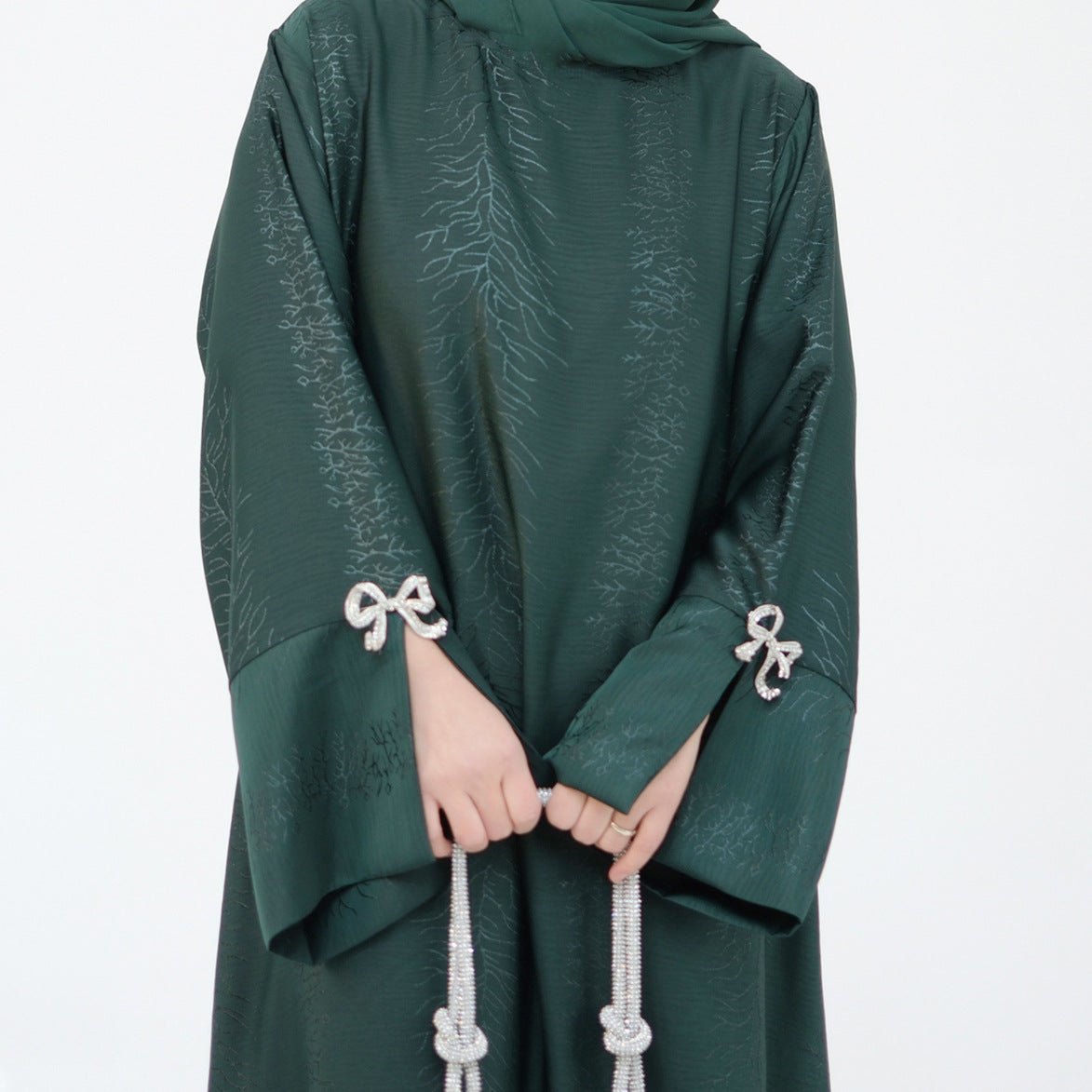 3D Jacquard Bow Abaya & Hijab Set | Butterfly Sleeve Brocade Dress(MA352)