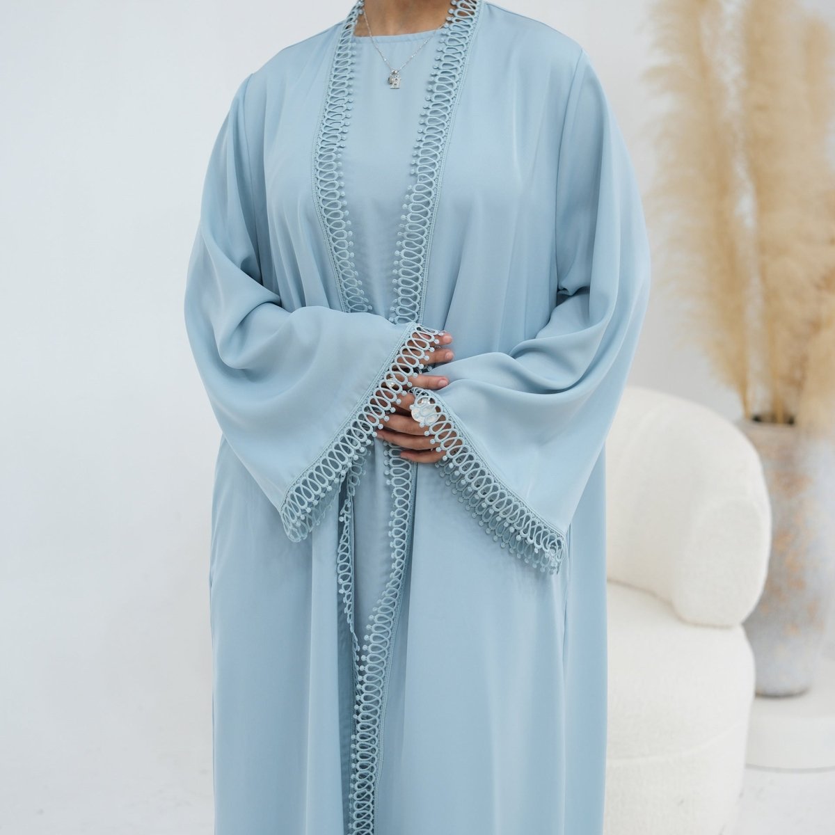 3D Lace Trim Open Abaya & Sleeveless Dress Set(MOA323)