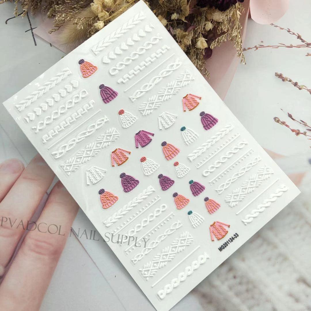 3D Sweater Nail Sticker Acrylic Engraved Winter Nails Design Tip Wraps Decals Slider Decoration Nails Decal Nail Art 3D Acrylic Engraved Nail Sticker Nail Art Decoration Self-Adhesive Nail Art Decoration French Black and White Lace Retro Flower