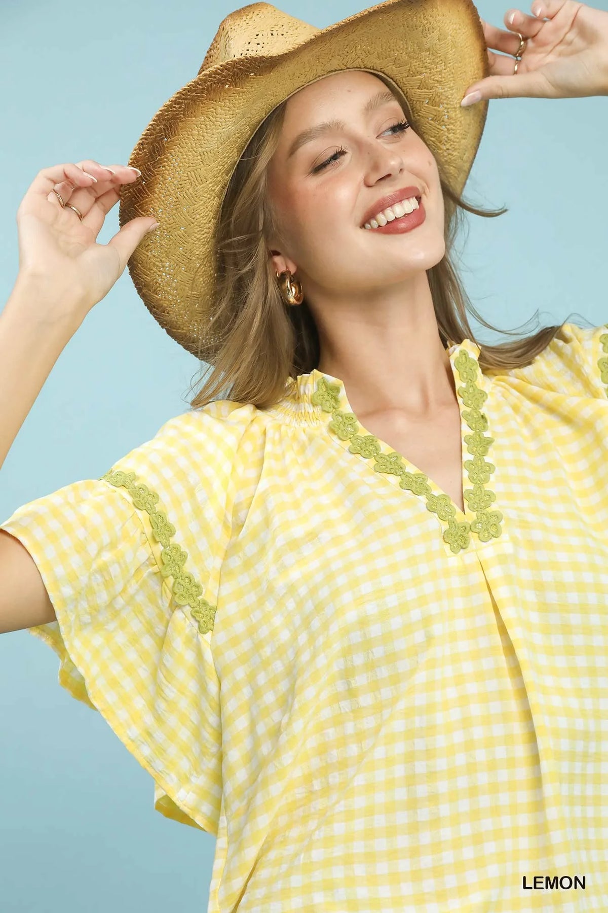 Umgee Gingham Lace Trim Top