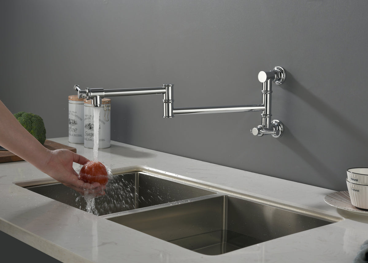 Wall mounted Pot Filler Faucet, Modern Brass Pot Filler Two-Attachment Wall Mount Folding Kitchen Pot Filler Swing Arm