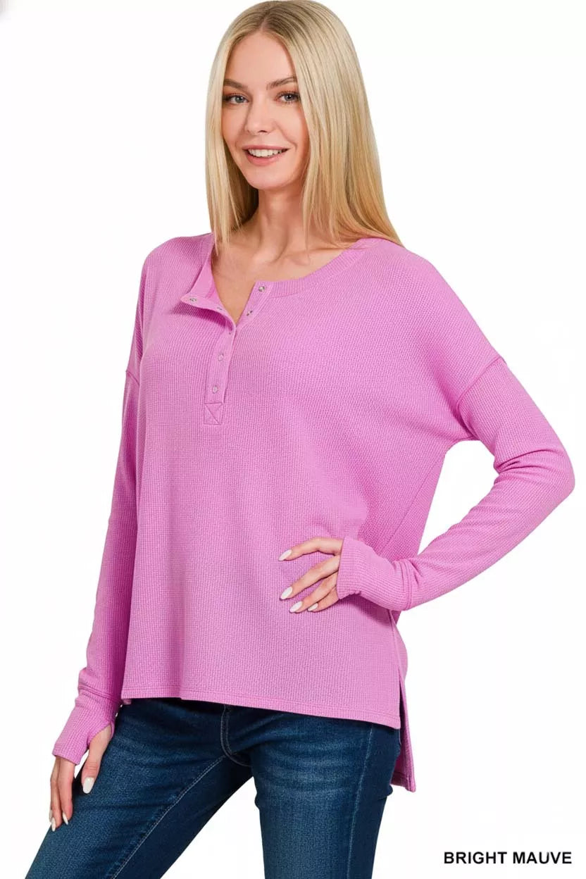 Zenana Waffle Thumb Hole Cuffs Henley Tee