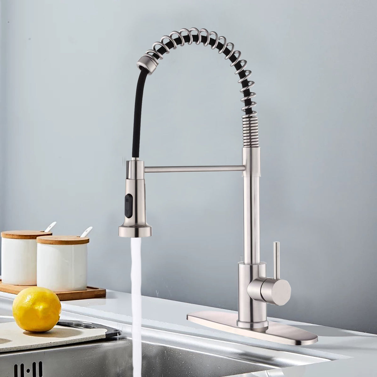 Kitchen Faucet with Pull Down Sprayer Industrial 1 Handle 1 Hole Or 3 Hole Faucet for Farmhouse Camper Laundry Utility Rv Wet Bar Sinks, Stainless Steel, Brushed Nickel