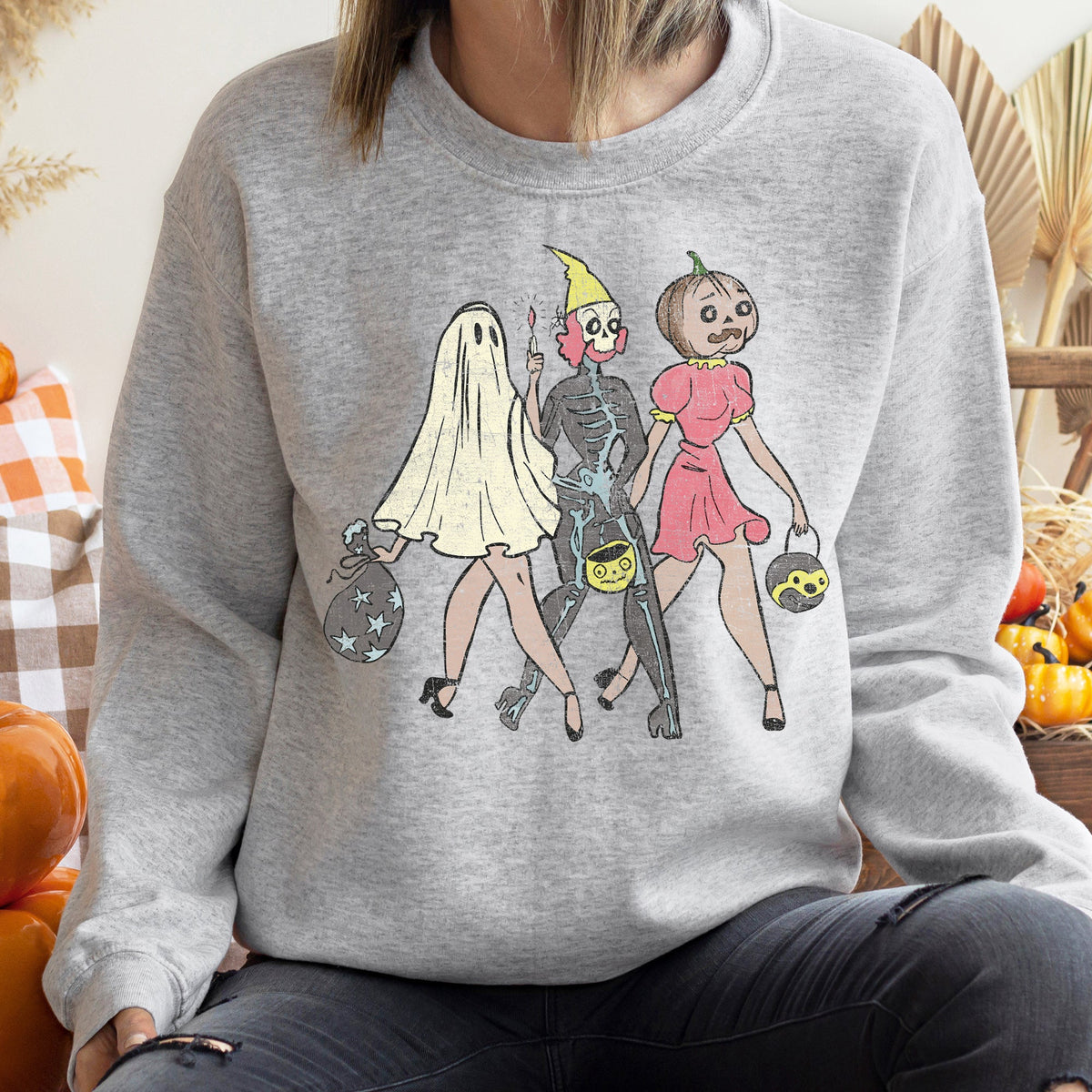 Three Girls Vintage Halloween Moonlit Parade of Spooky Characters and Witch Silhouettes Sweatshirt