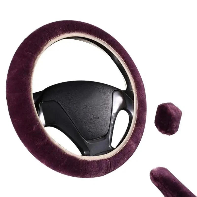 3Pcs Set Winter Fashion Wool Fur Soft Furry Car Steering Wheel Covers 16 Colors Winter Universal Hand Brake Gear Cover  Car Accessories
