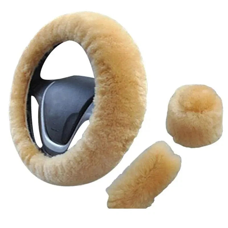 3Pcs Set Winter Fashion Wool Fur Soft Furry Car Steering Wheel Covers 16 Colors Winter Universal Hand Brake Gear Cover  Car Accessories