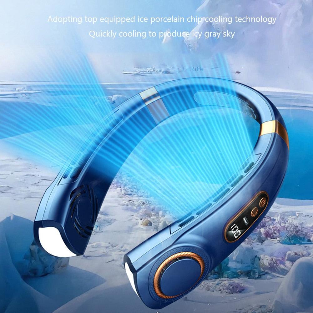 4000mAh Hanging Neck Fan USB Handheld Mute LED Digital Display Leafless Mini Electric Fan with LED Light 5 Gear Air Cooling Fans Digital Display Leafless Mini Electric Colorful Gear 5th Fan