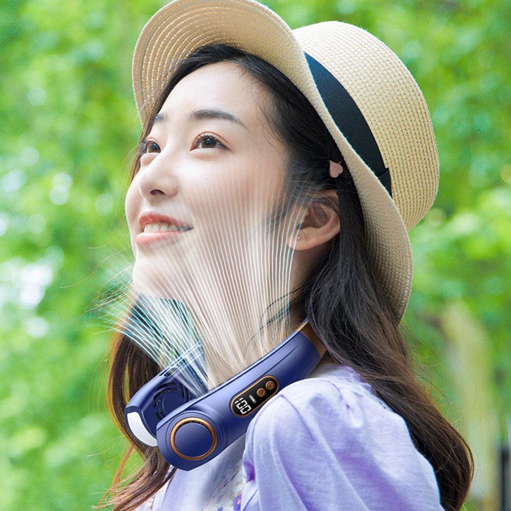 4000mAh Hanging Neck Fan USB Handheld Mute LED Digital Display Leafless Mini Electric Fan with LED Light 5 Gear Air Cooling Fans Digital Display Leafless Mini Electric Colorful Gear 5th Fan