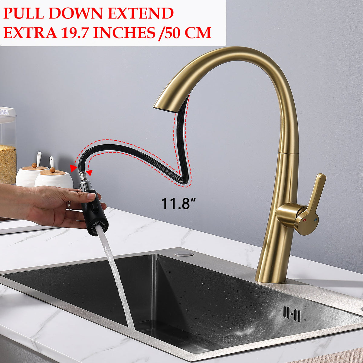 Elegant Single Handle Stainless Steel Pull Out Kitchen Faucet Brushed Gold with High-Arch Spout