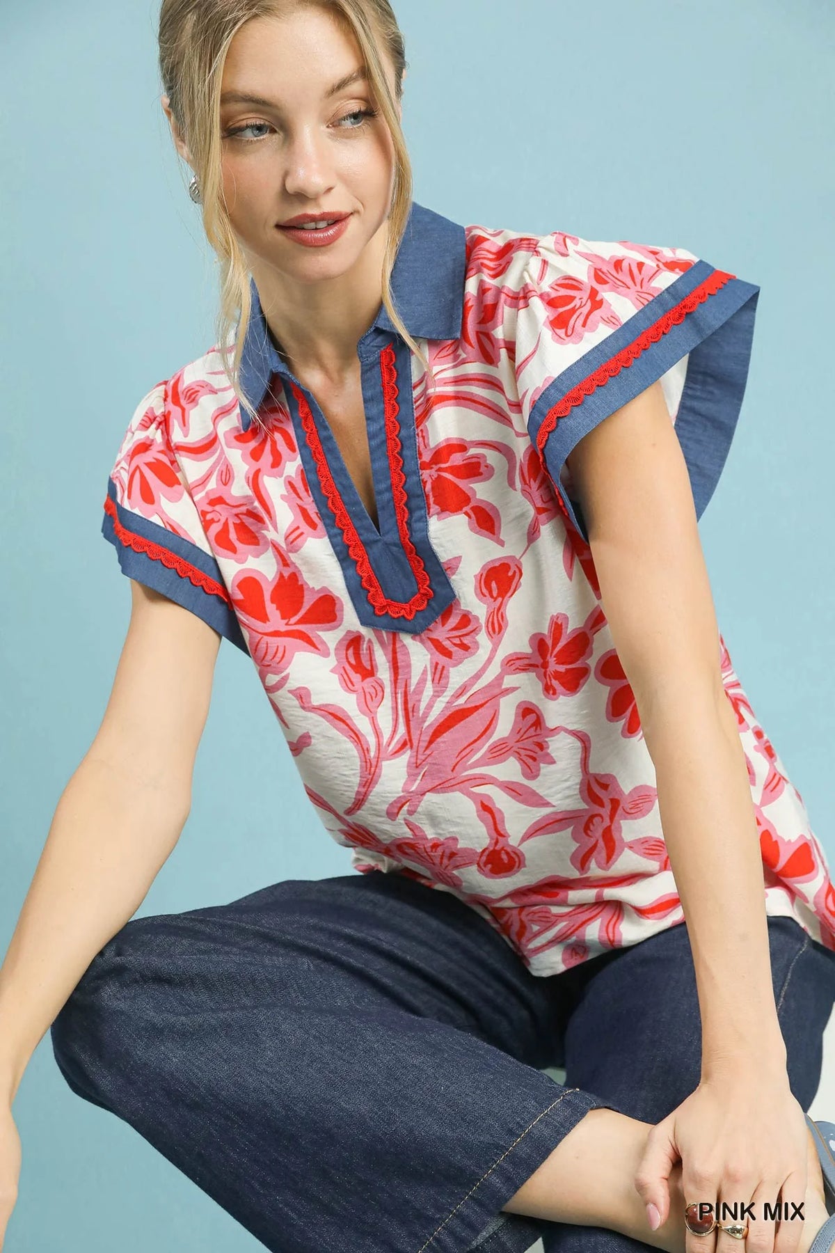 Umgee Floral Split Neck Top