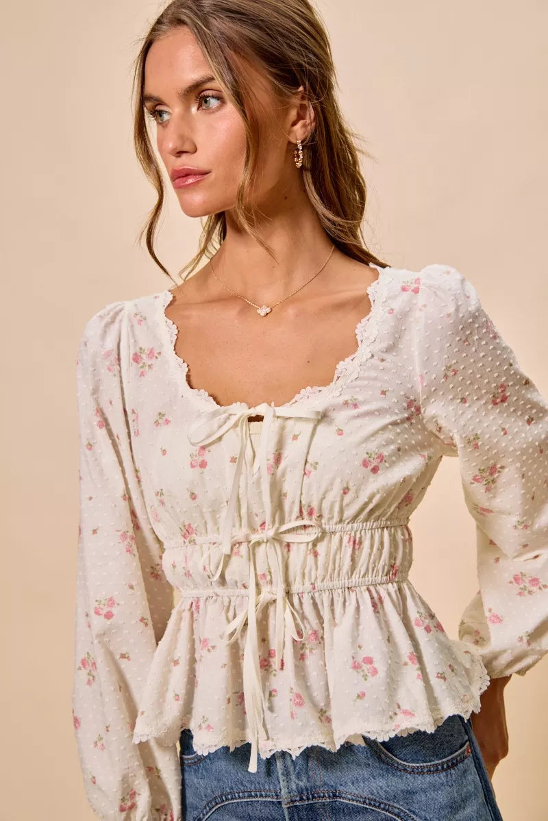 SO ME Floral Clip Dot Lace Trim Ruched Bodice Blouse
