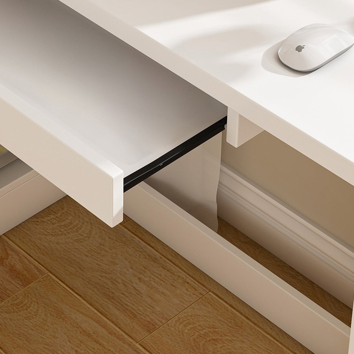 White L-Shaped Computer Desk with Glass Cabinets, Built-In LED Lights, USB Charging Ports, and Keyboard Tray - Ergonomic Office Furniture for Home and Corporate Workspaces