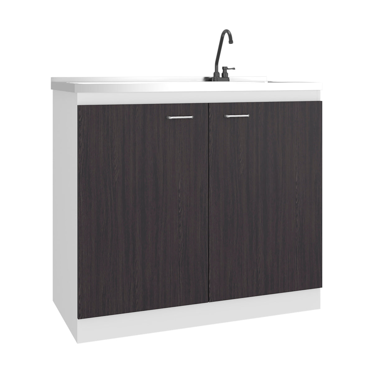 Napoles Utility Sink with Faucet Inclued and Integrated Stainless Steel Counter top, Freestanding cabinet with two doors, Metal Handles and Two interior shelves, Black & White Print