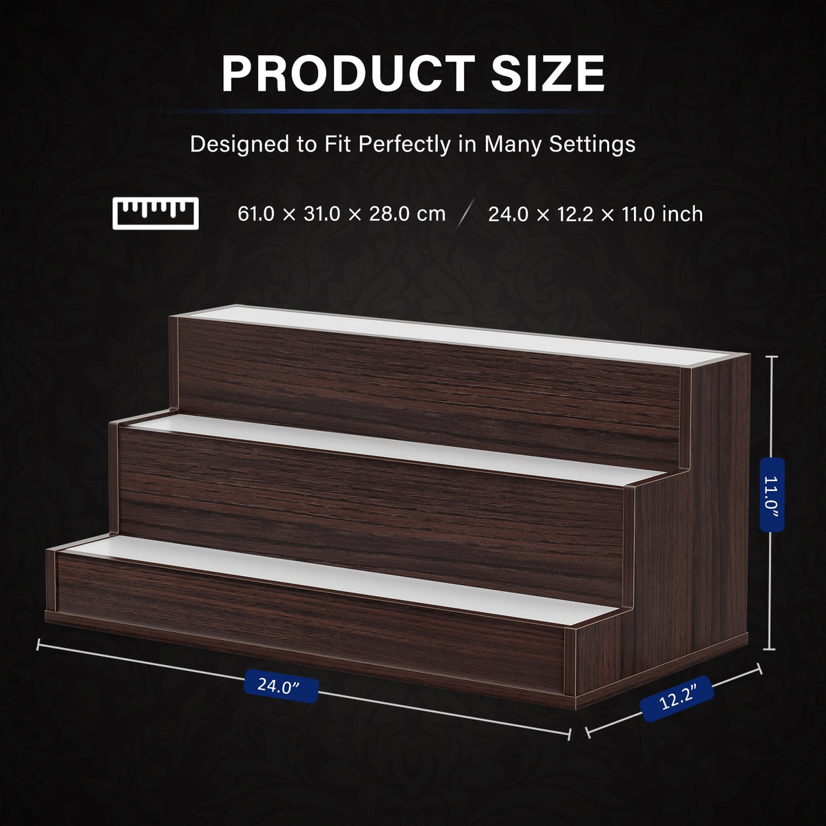 LED Lighted Liquor Bottle Display Shelf, 24 Inch Bar Display Shelf, DIY Illuminated Bottle Shelf with App & Remote Control, 3 Step Freestanding Holding Bottles for Home Bar, Party, Walnut
