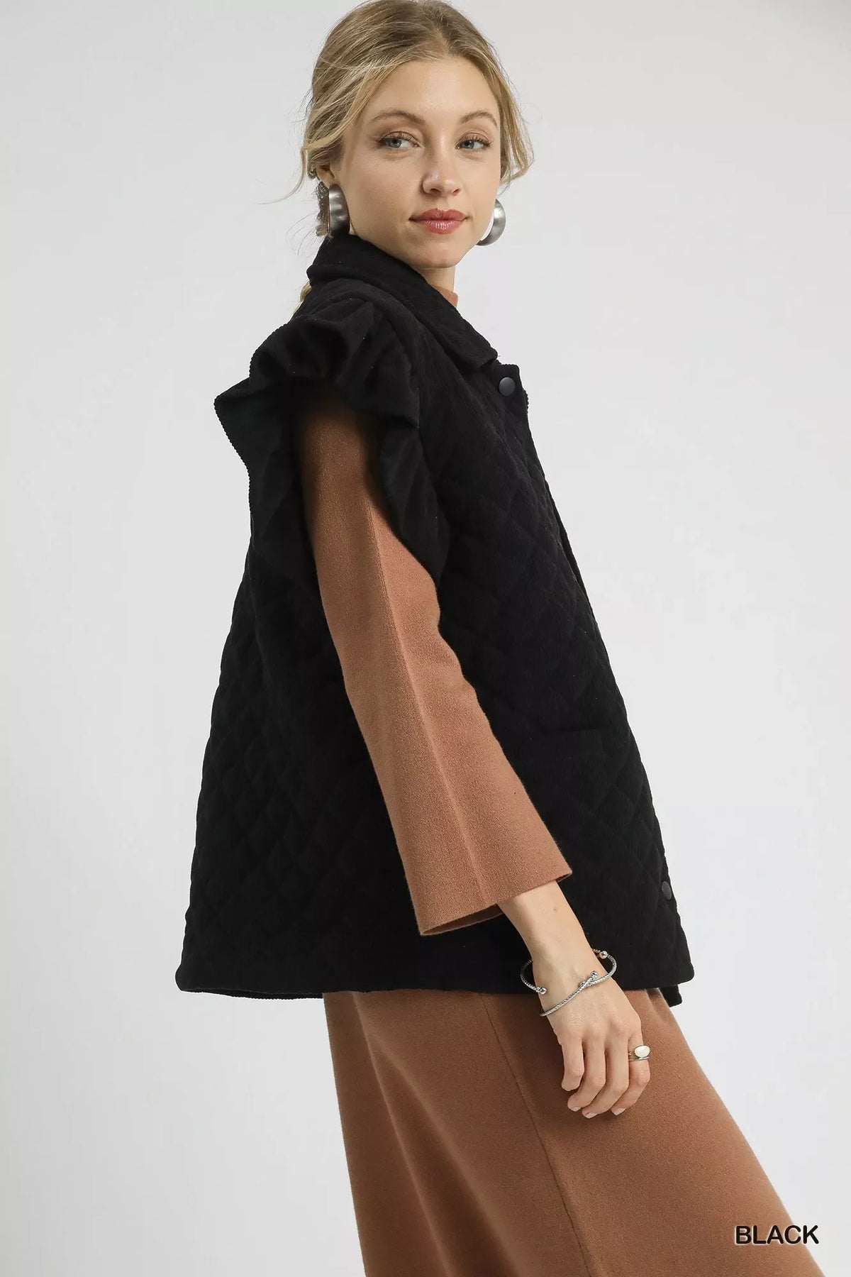 Umgee Corduroy Quilted Ruffle Sleeve Vest