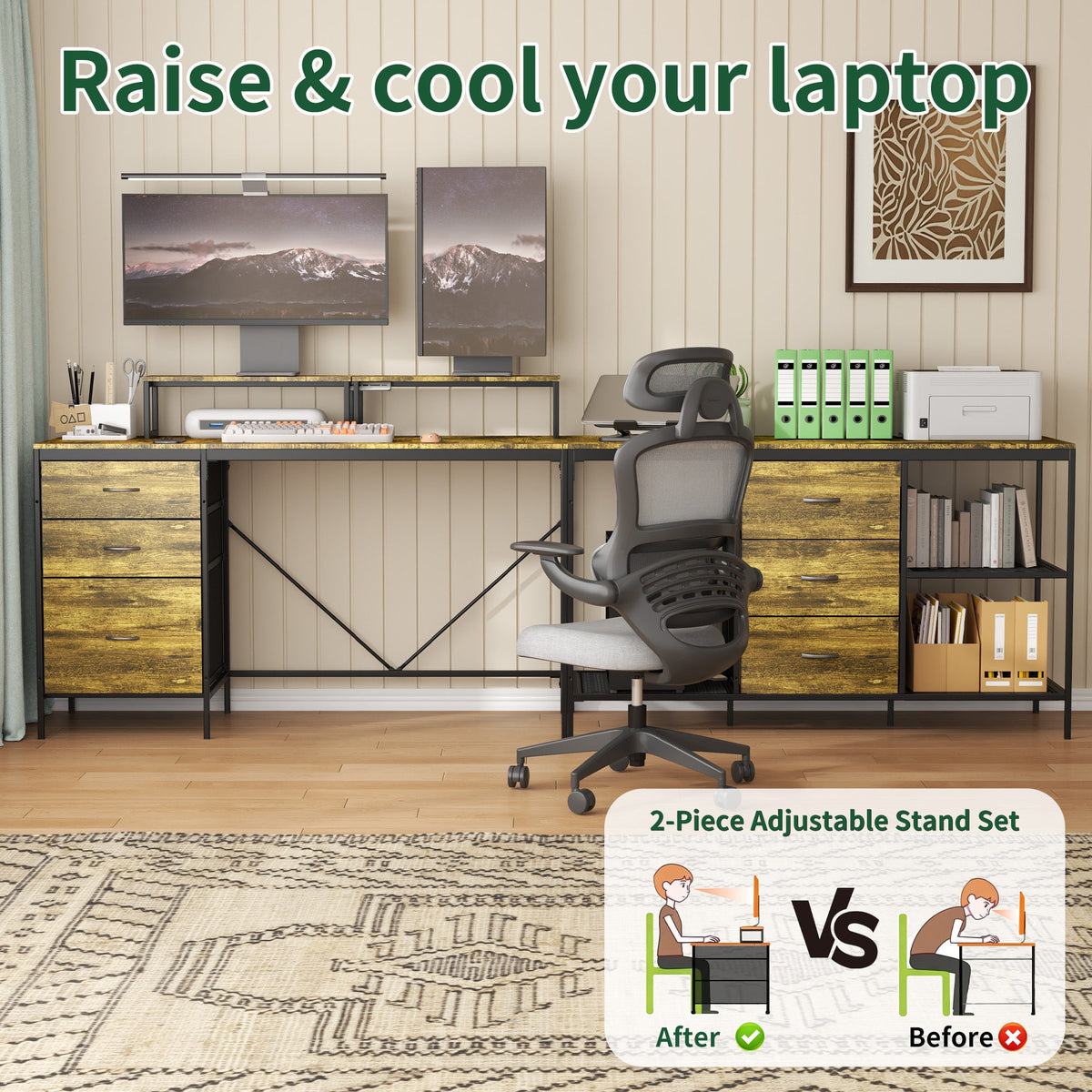 Industrial L-Shaped Computer Desk with Power Outlets & USB-C, Rustic Brown Metal Frame, 6 Fabric Drawers, 3 Open Shelves, Movable Monitor Stands, 114 Inch Corner Office Desk for Gaming and Work