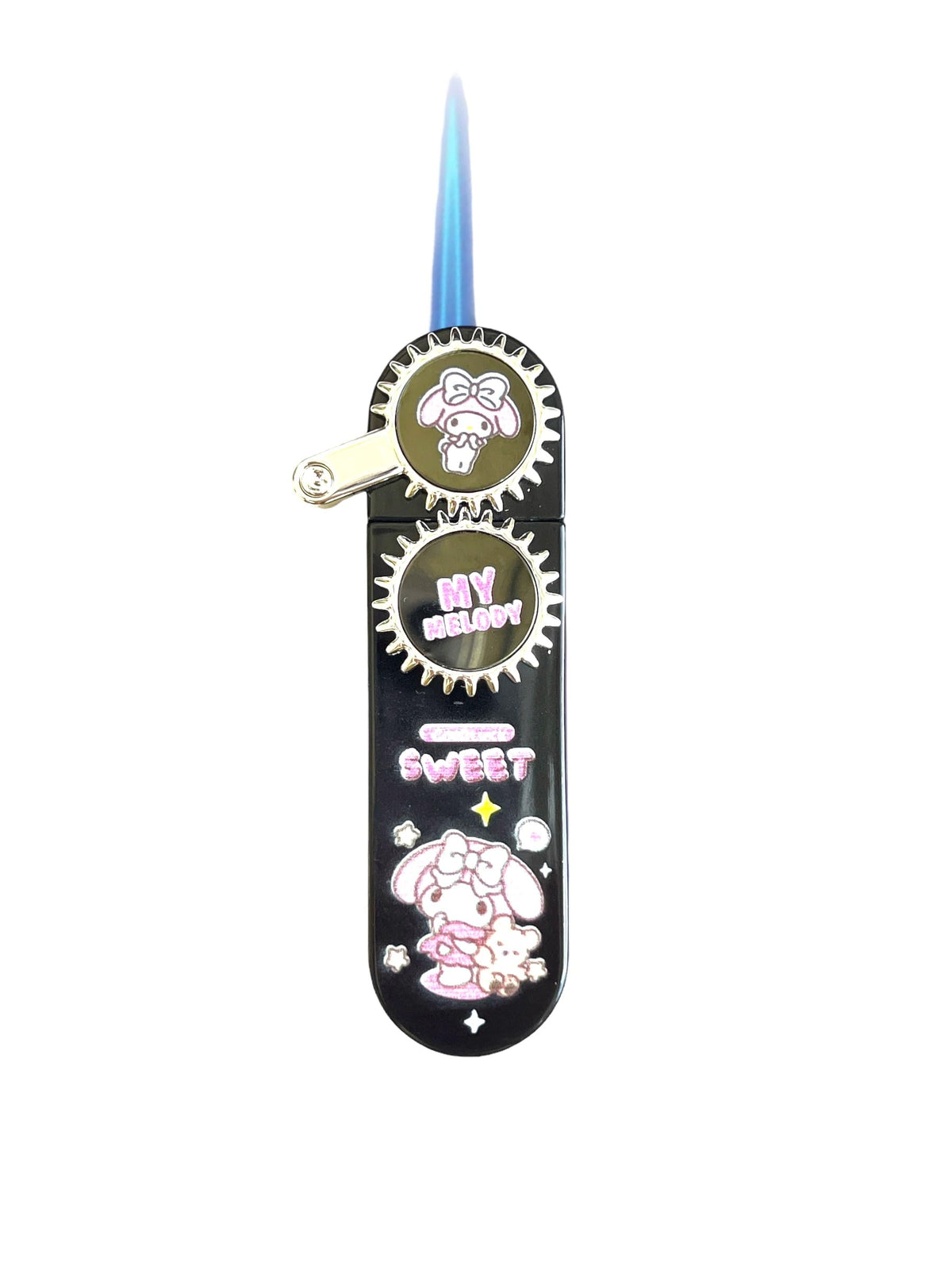 NIVEK Rocker Arm Lighter Gear Dial Lighter Kitty KT Cat Melody Kulomi Japanese Character Kawaii Blue Flame Jet Torch Refillable Black with Silver Rocker Dial (Melody)