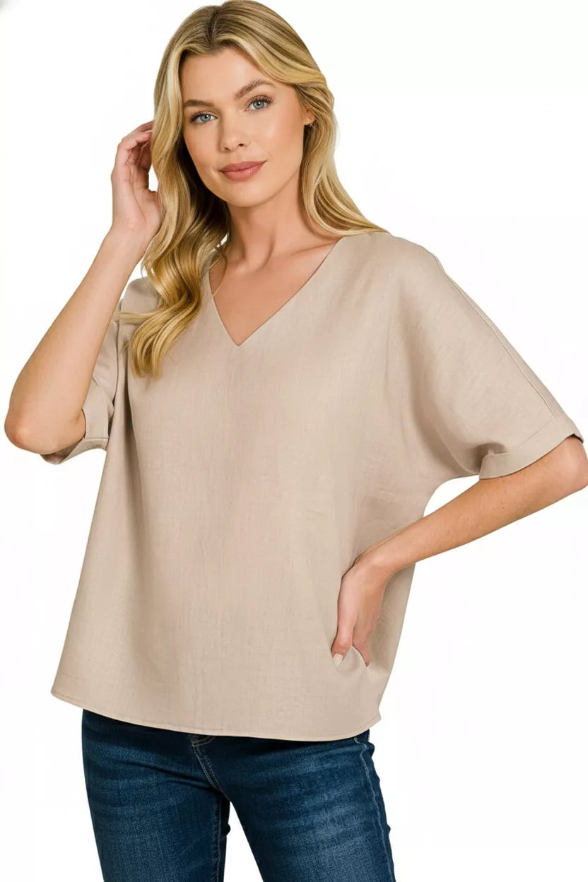 Zenana Linen V-Neck Cuffed Sleeve Top