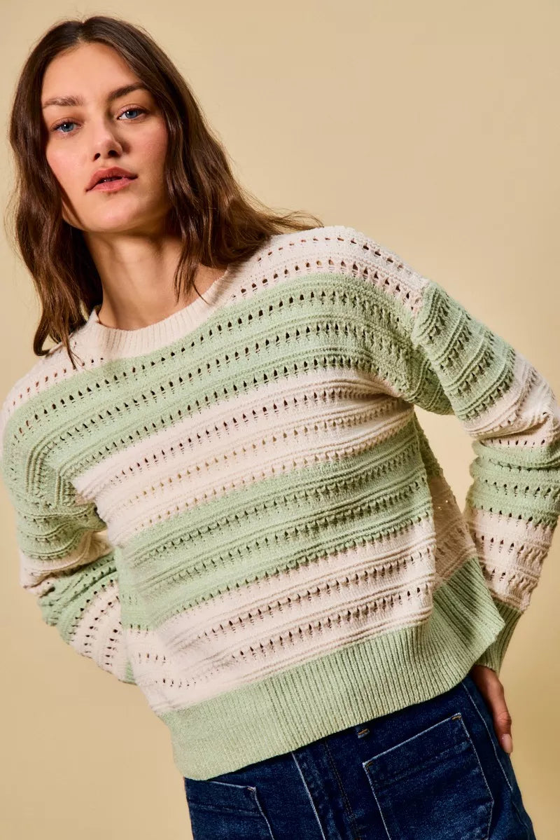 SO ME Openwork Round Neck Wide Stripe Textured Sweater