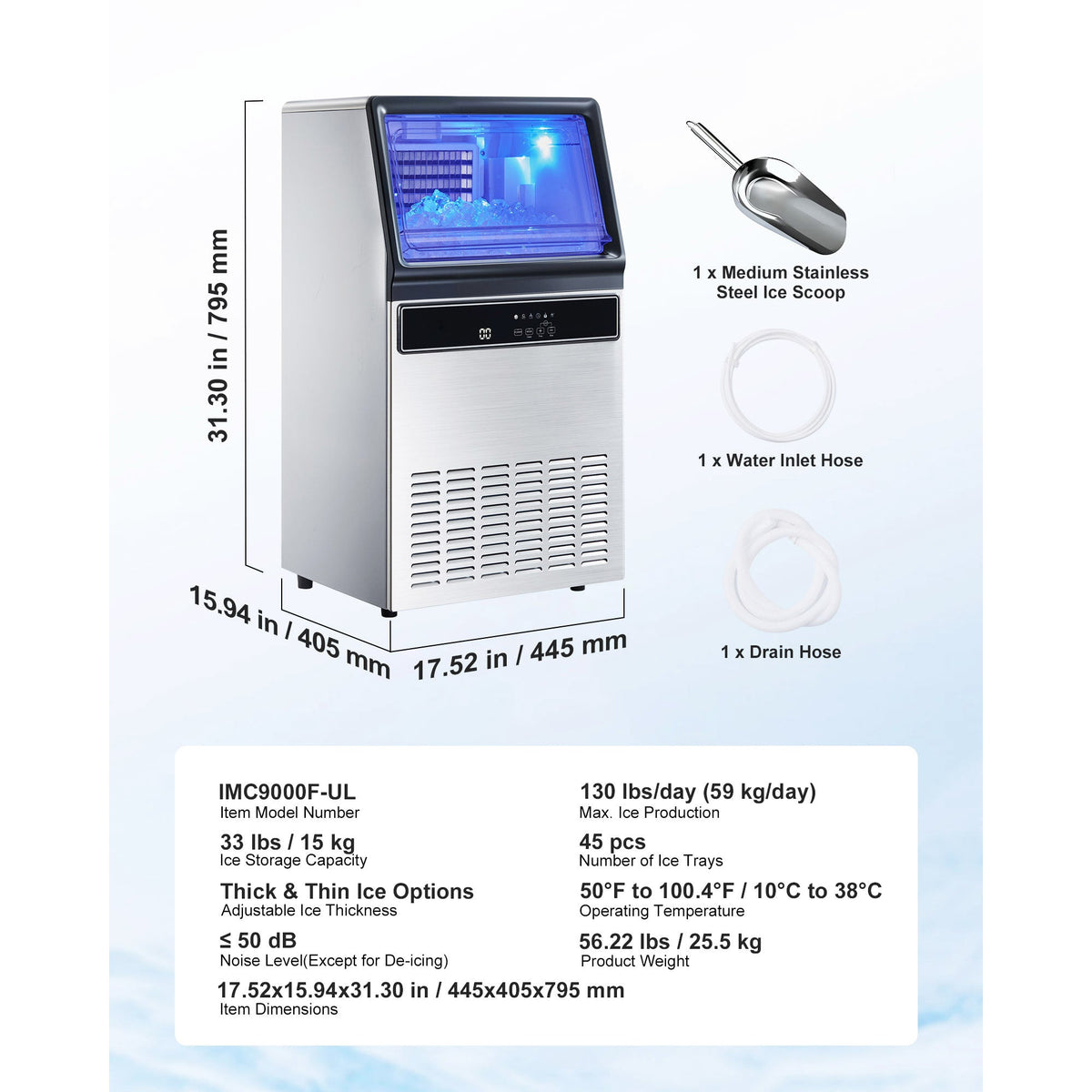 Commercial Ice Maker Machine, 130Lbs/24H with 33Lbs Storage, 45 Cubes per Cycle, Stainless Steel Freestanding & Under Counter Ice Maker with LED Display & Self-Cleaning, for Home Bar Restaurant