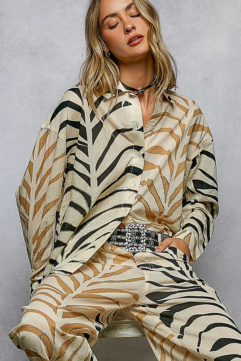 POL Two-Tone Printed Woven Spangle Long Sleeve Shirt