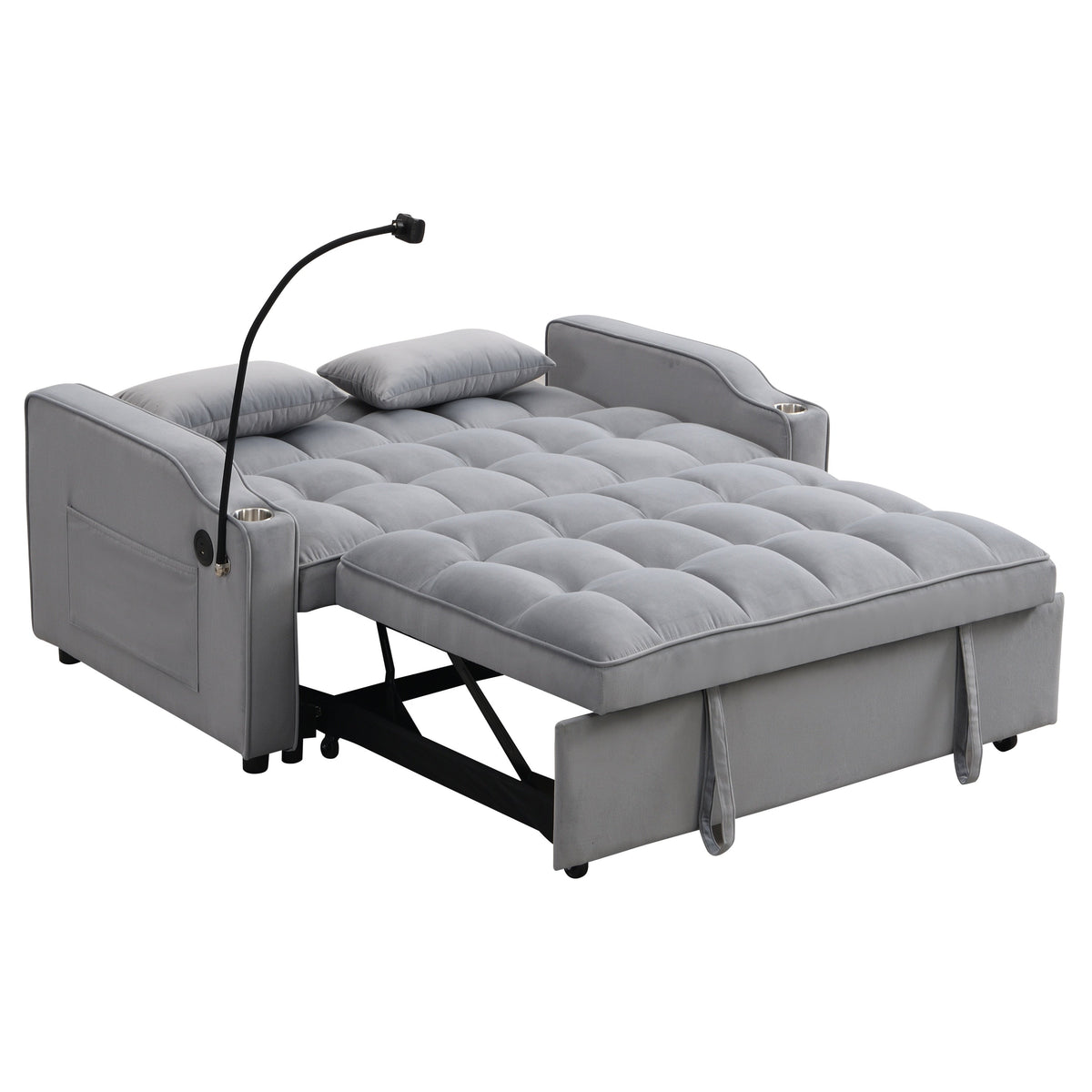 Modern Velvet Loveseat Futon Sofa Couch with Pullout Bed, Adjustable Backrest, Toss Pillows, Light Gray