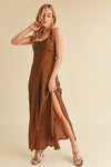 Ruched Side Slit Cutout Back Maxi Cami Dress For Summer–Elegant, Alluring & Sophisticated with Stunning Design