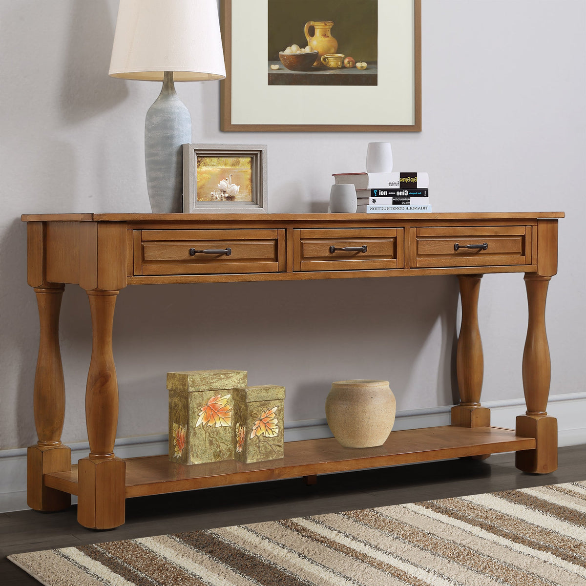 63inch Long Wood Console Table with 3 Drawers and 1 Bottom Shelf for Entryway Hallway Easy Assembly Extra-thick Sofa Table( Brown)