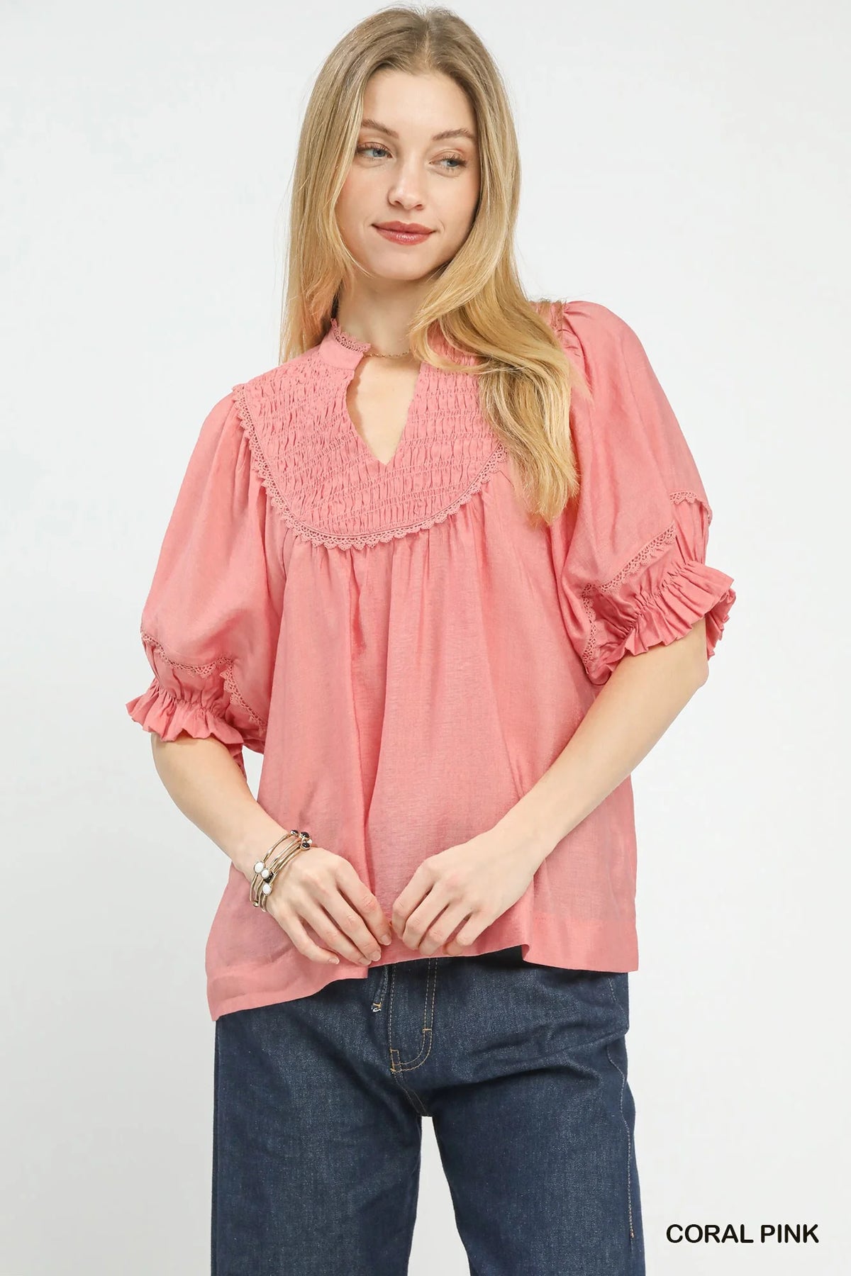 Umgee Smocked Yoke Blouse with Ruffle Sleeves
