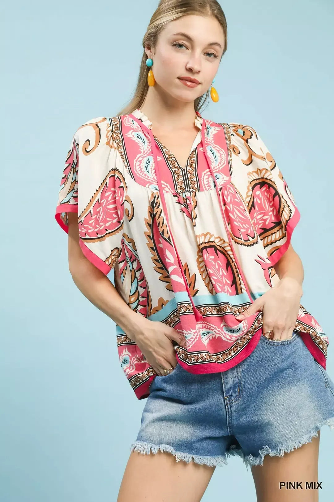 Umgee Mix Paisley Border Print Tassel Top