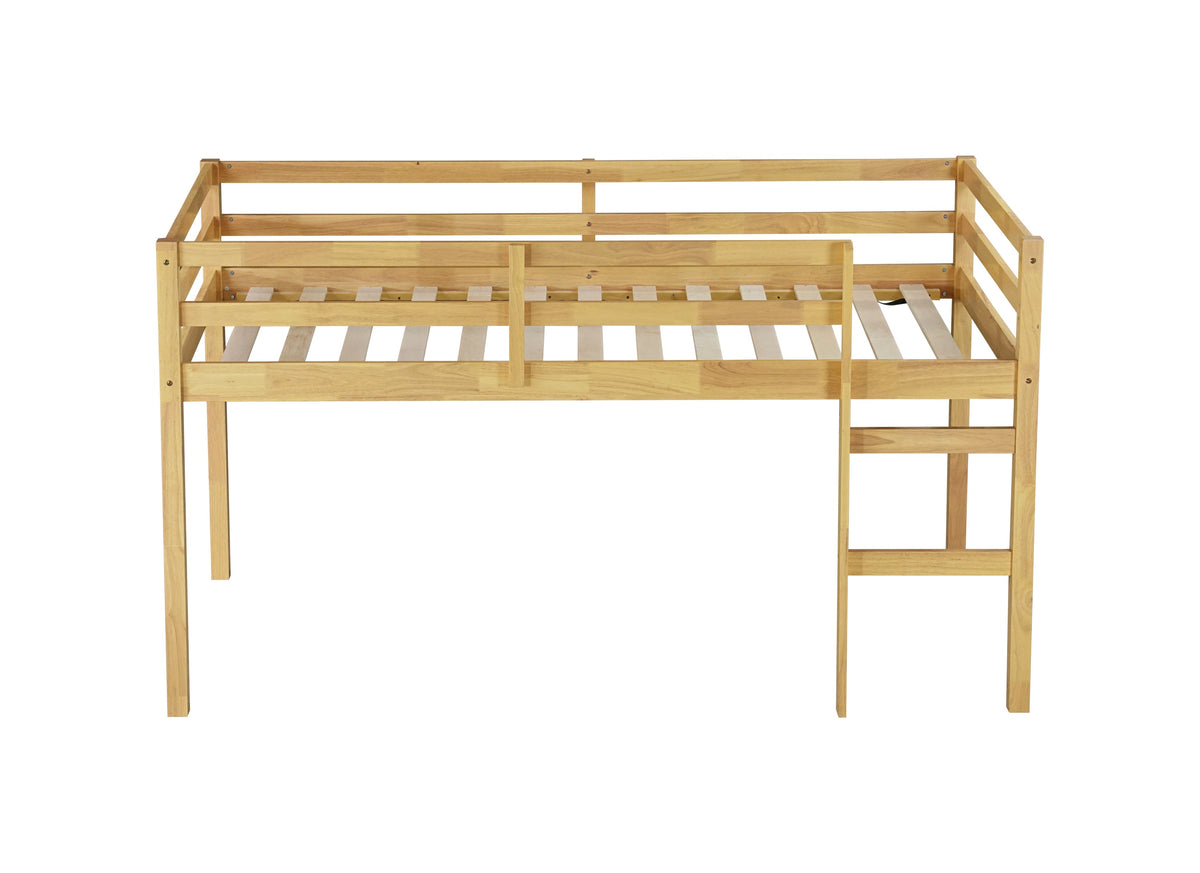 Solid Wooden, Rubber Wooden Twin Loft Bed with Ladder, Bed Platform of Strengthened Slats, Natural