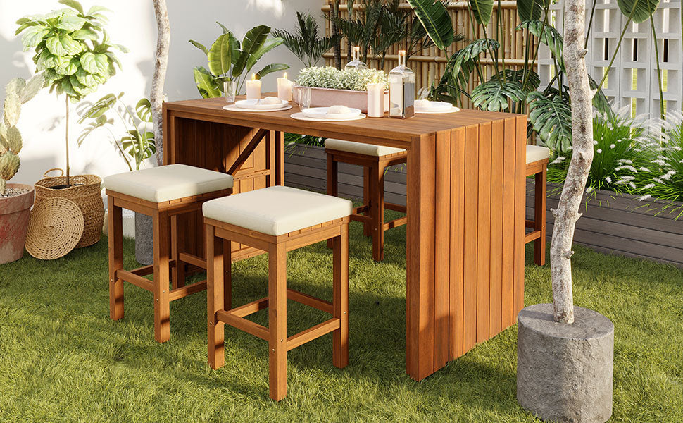 5 Piece Outdoor Bar Set, Patio Acacia Wood Bar Height Table & Four Stools with Cushions, Wood Dining Bar Set for Backyard, Poolside, Balcony, Beige Cushion and Natural Wood