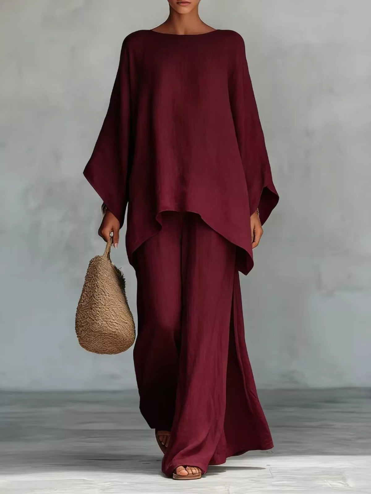Full Size Round Neck Top and Wide Leg Pants Set Plus Size