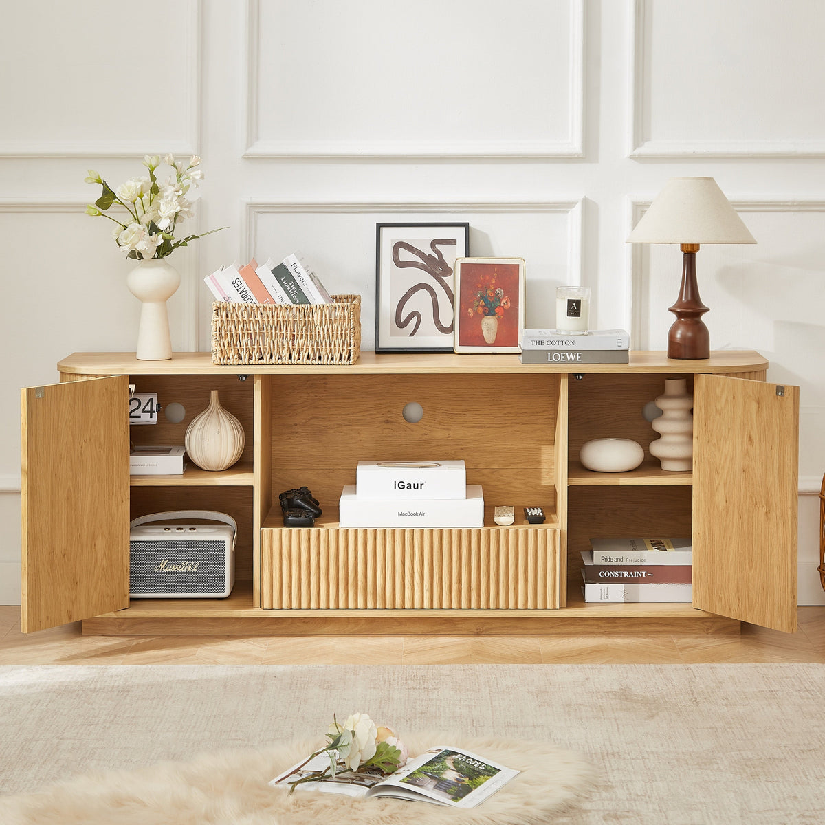 Modern Wavy TV Stand, Rounded Sideboard with Storage, Natural Particleboard and MDF, 64''W x 15''D x 24''H