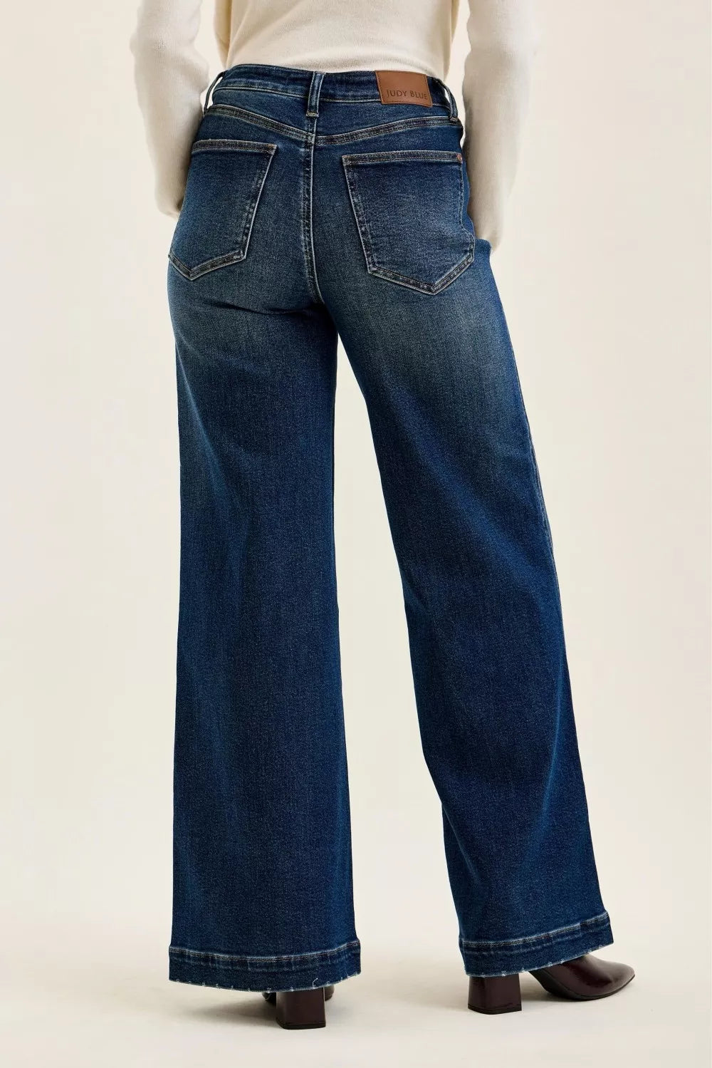 Judy Blue High Waist "lux" Retro Wide Jeans with Front Patch Tab Closure Dk Fade Indigo