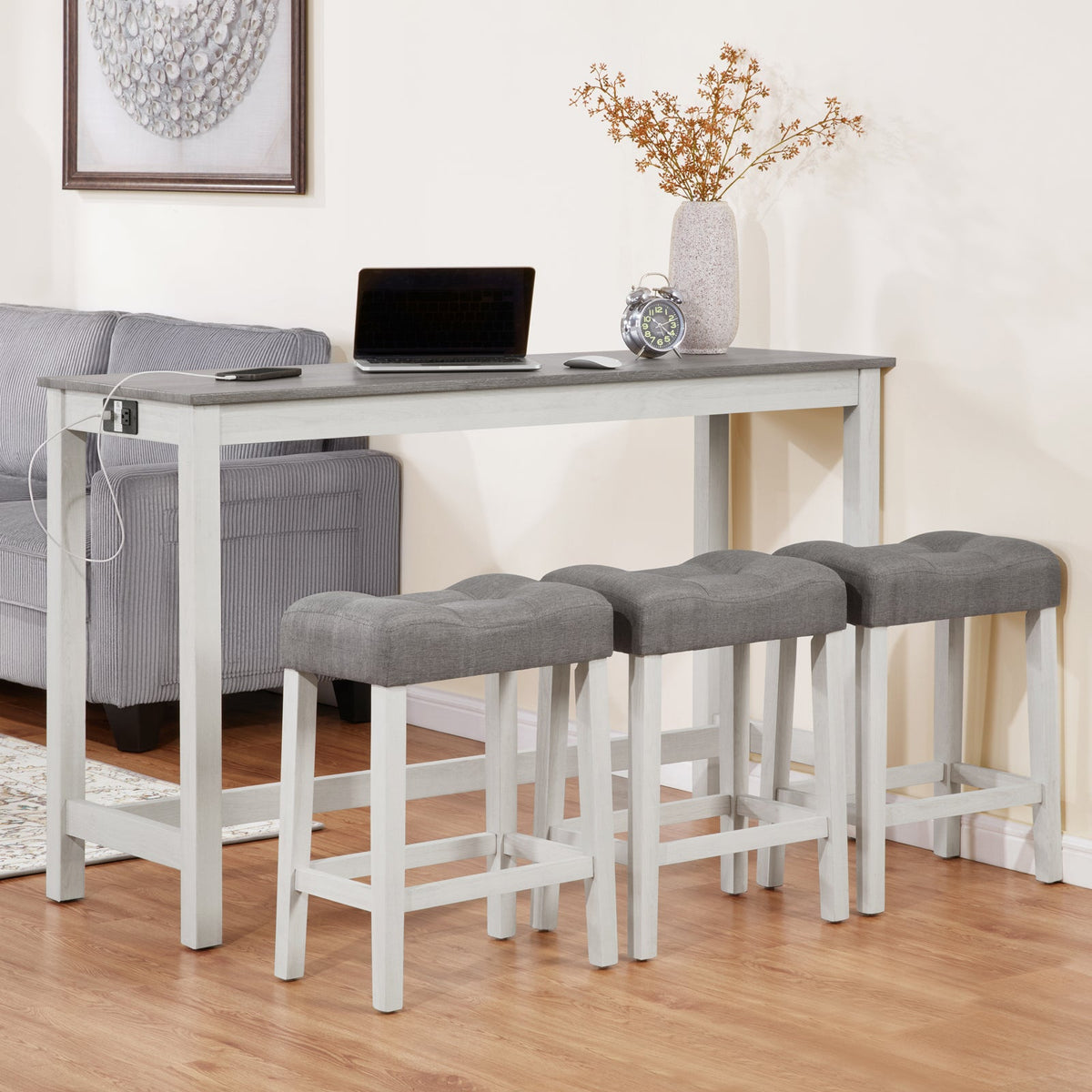 4 Piece Bar Table Set with Power Outlet,Bar Table Set with Chairs,Sofa Bar Table with Stools,Behind Couch Table with 3 Padded Stools,for Living Room,Dining room, White & Grey