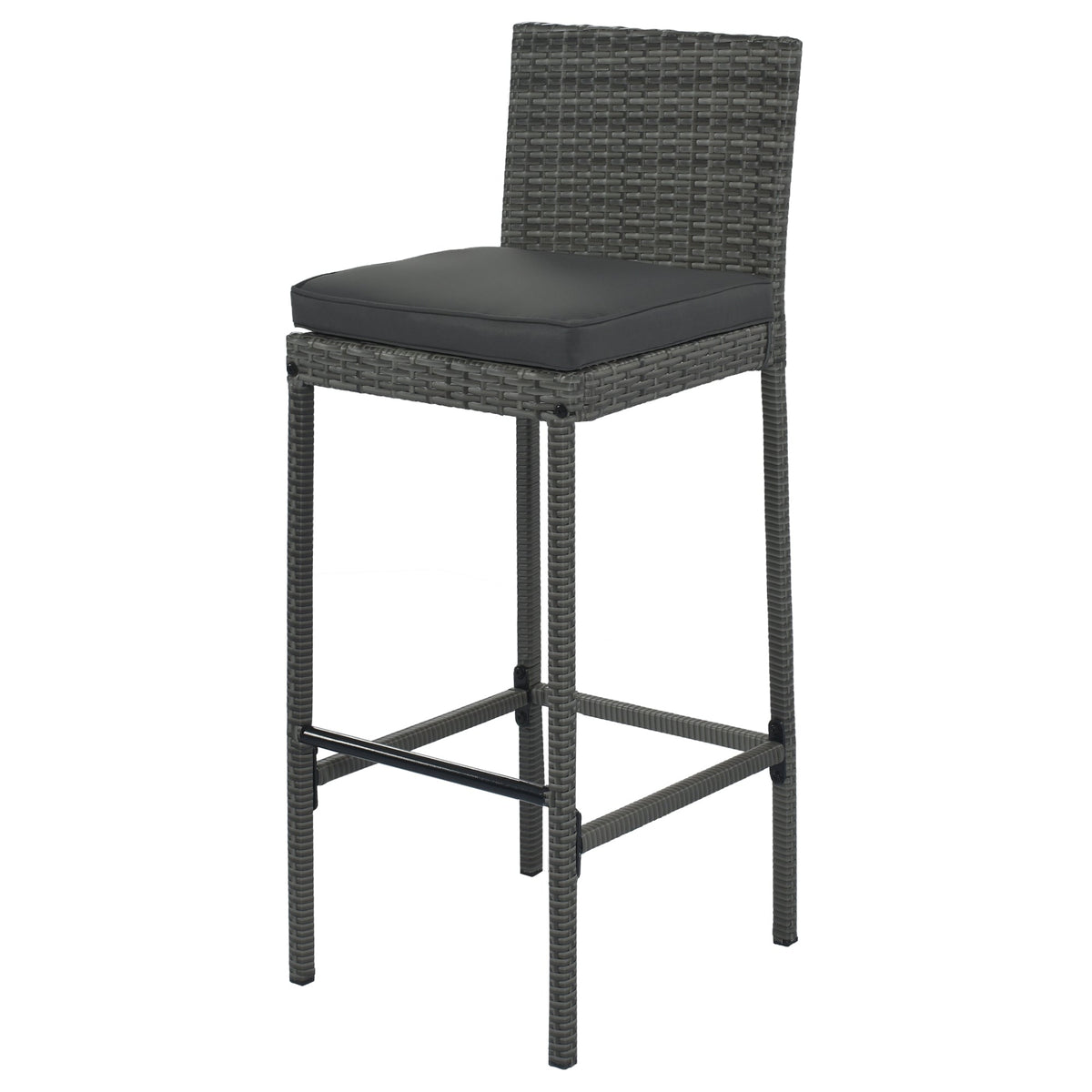 5-piece Outdoor Patio Wicker Bar Set, Bar Height Chairs With Non-Slip Feet And Fixed Rope, Removable Cushion, Acacia Wood Table Top, Brown Wood And Gray Wicker