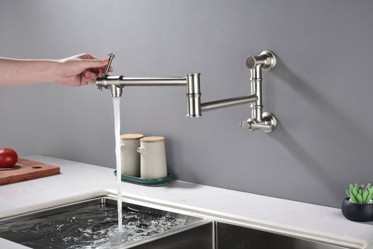Wall mounted Pot Filler Faucet, Modern Brass Pot Filler Two-Attachment Wall Mount Folding Kitchen Pot Filler Swing Arm