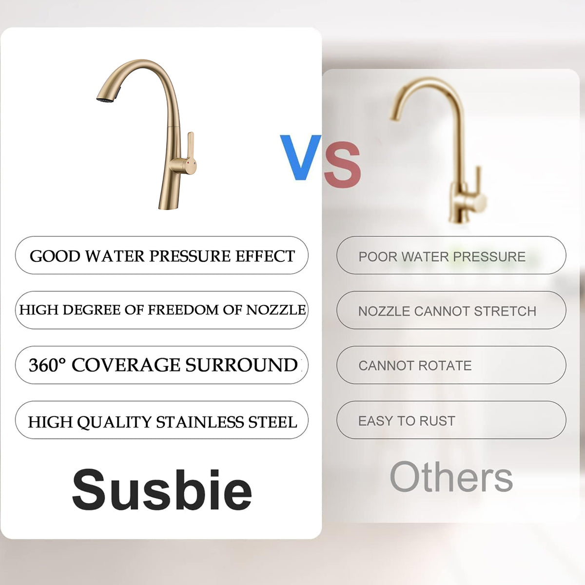 Elegant Single Handle Stainless Steel Pull Out Kitchen Faucet Brushed Gold with High-Arch Spout