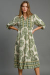 Matcha Green Full Size Print Midi Dress Plus Size Boho Chic Dress Lightweight Women Dress