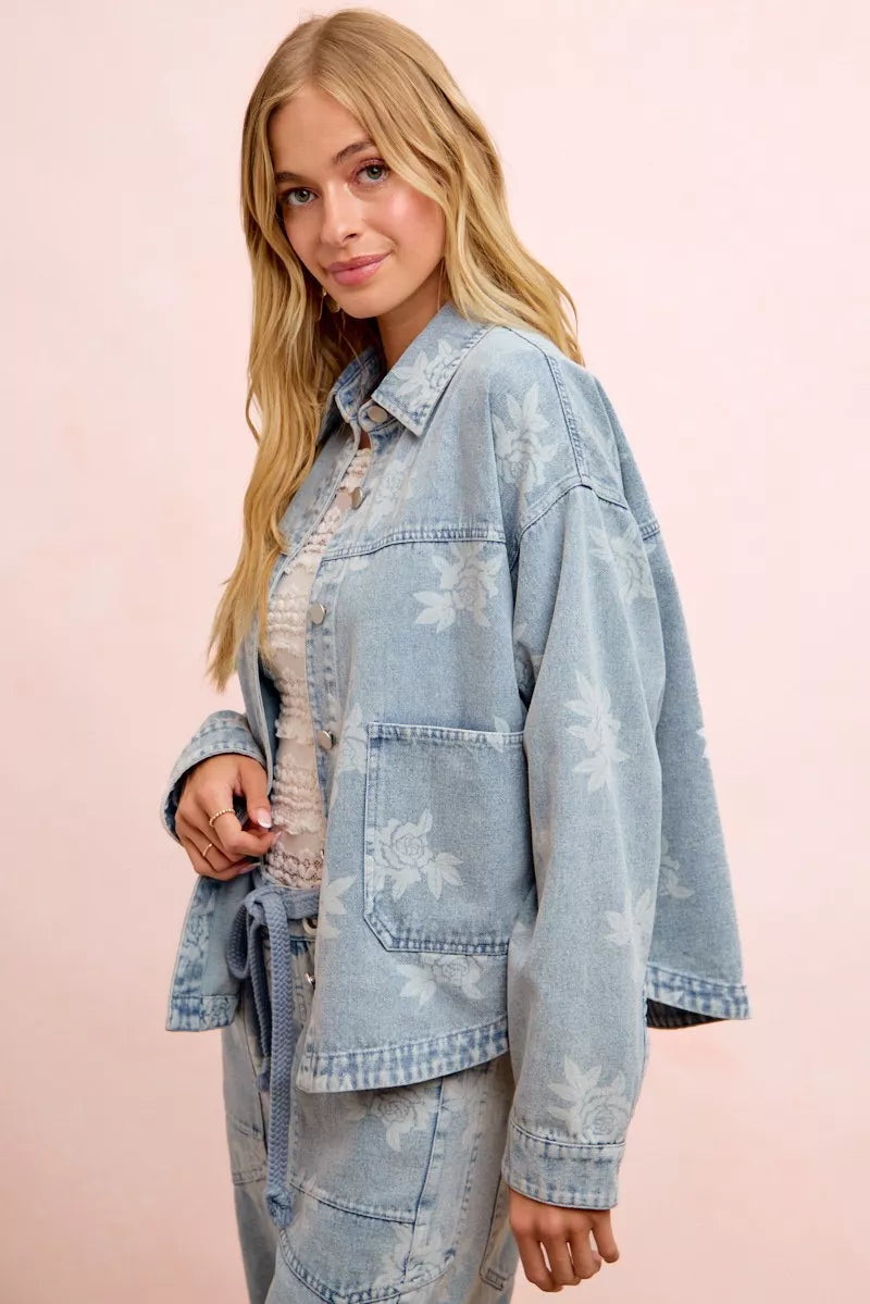 BiBi Printed Washed Denim Jacket With Pocket
