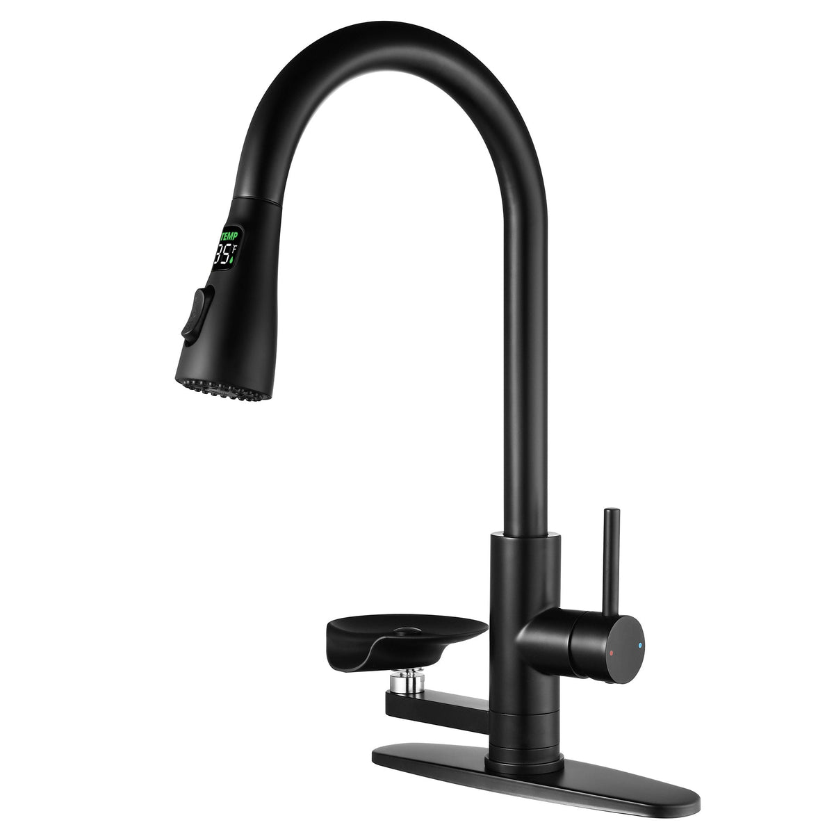 3-in-1 Matte Black Kitchen Faucet with LED Temperature Display, Press-Type Glass Rinser, Pull-Down Sprayer, 3 Spray Modes